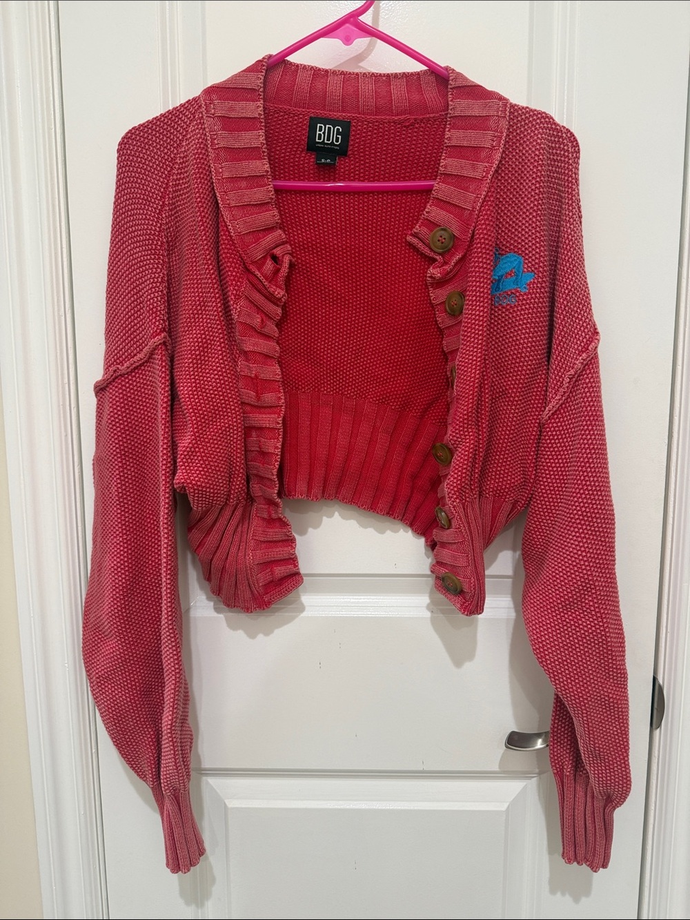 BDG Cropped Red Button-Front Cardigan with Blue Accent